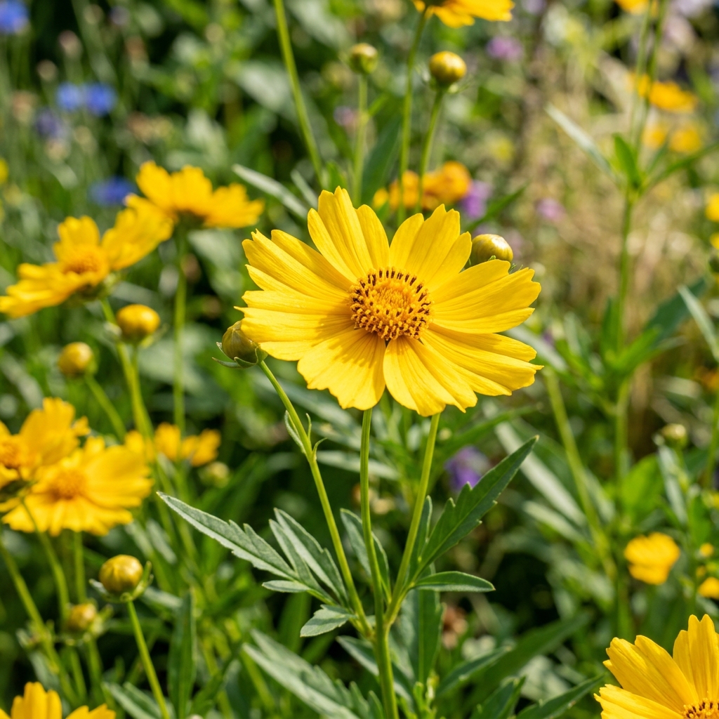 Blühendes Staudenbeet mit gelben Sommerblumen